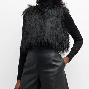 Alabama Muse Italy Women's Black Faux-Fur Lanny Vest Coat Jacket Size 40